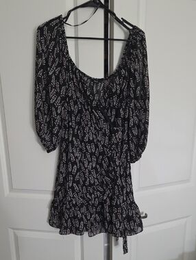Papaya Black and White Leaf-Print Wrap Mini Dress